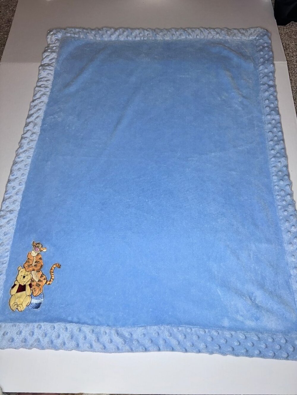 Disney Baby Blanket Winnie the Pooh Tigger Hunny Pot Blue Minky Dot Trim